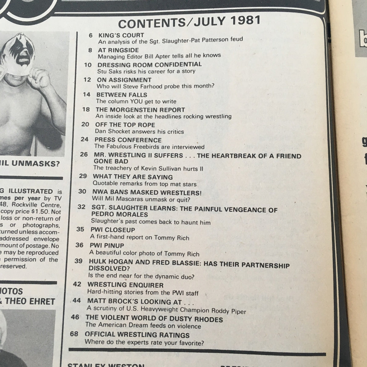 Inside page of Pro Wrestling Illustrated Magazine July 1981 showing the table of contents, listing articles and features including 'Sgt. Slaughter Learns: The Painful Vengeance of Pedro Morales'.