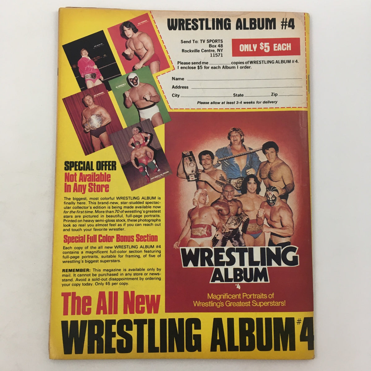 Back cover of Pro Wrestling Illustrated Magazine July 1981 promoting Wrestling Album #4, highlighting special offers and colorful photographs of wrestling superstars.