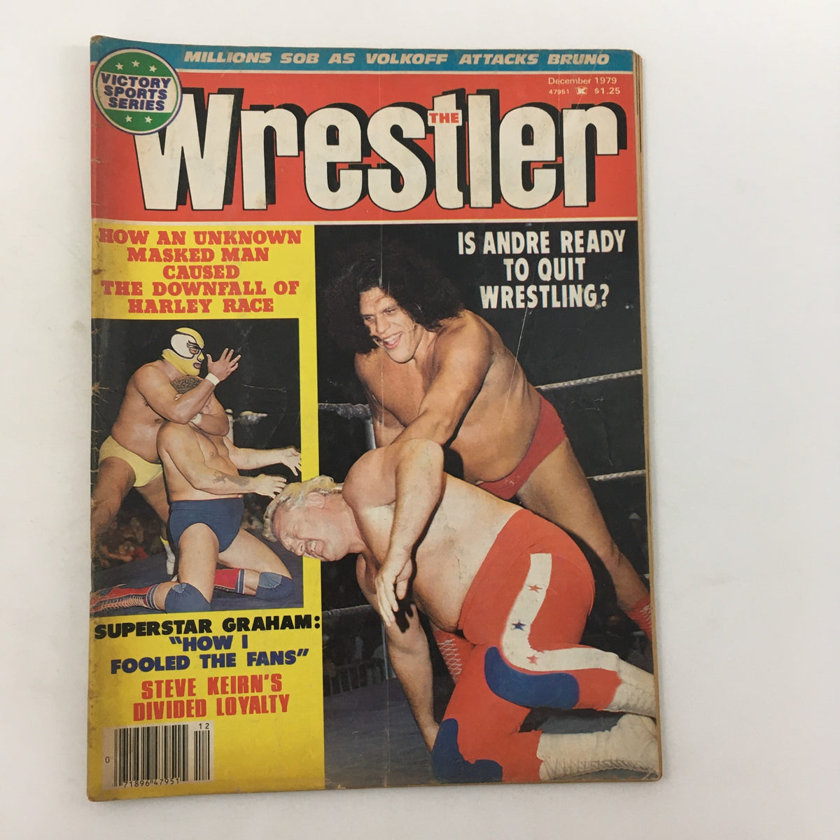 Cover of WWF The Wrestler Magazine December 1979 featuring Andre the Giant and Billy Graham, highlighting wrestling events and articles from the time.