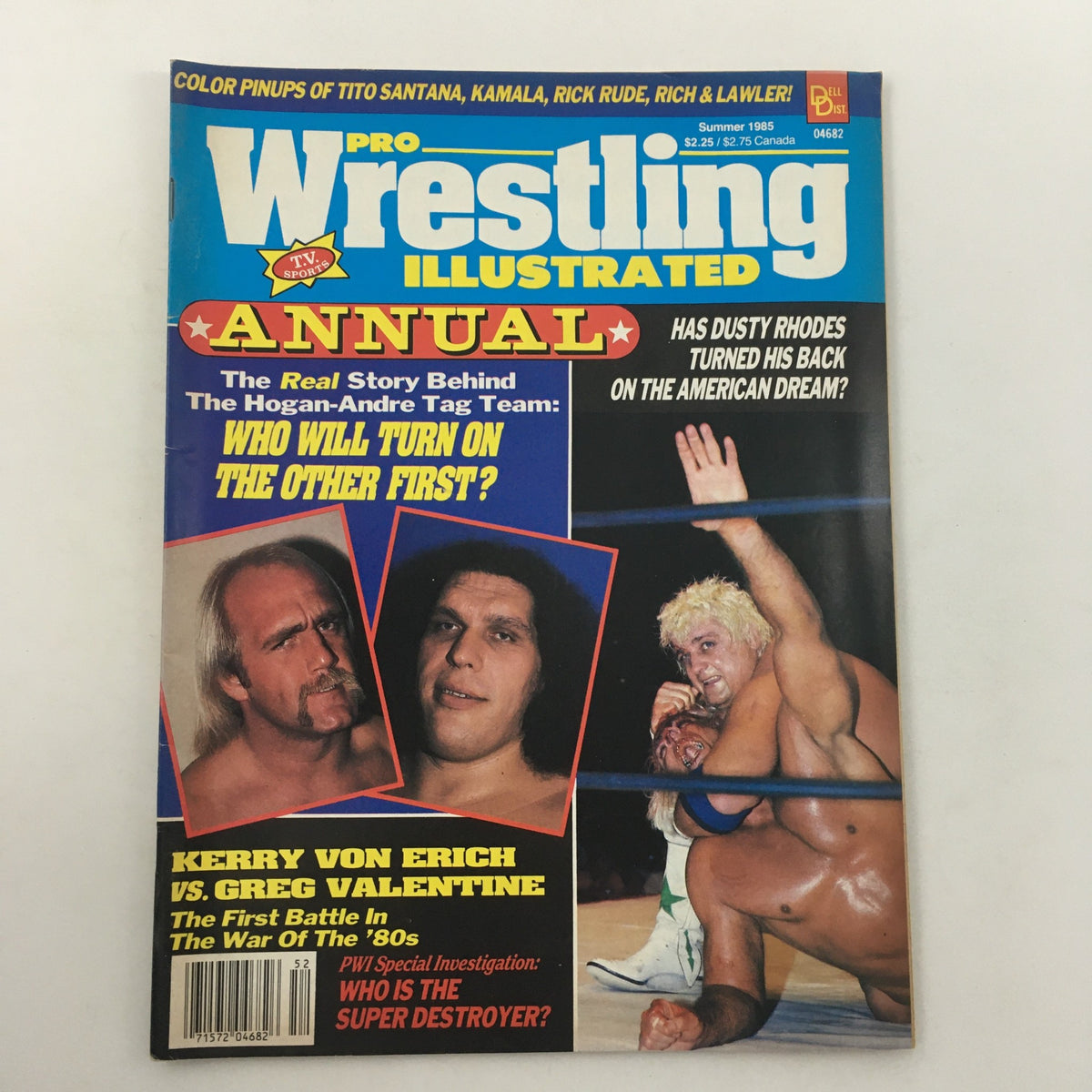 Pro Wrestling Illustrated Magazine Summer 1985 cover featuring Hulk Hogan and Andre the Giant, showcasing headlines about wrestling legends and events of the era.