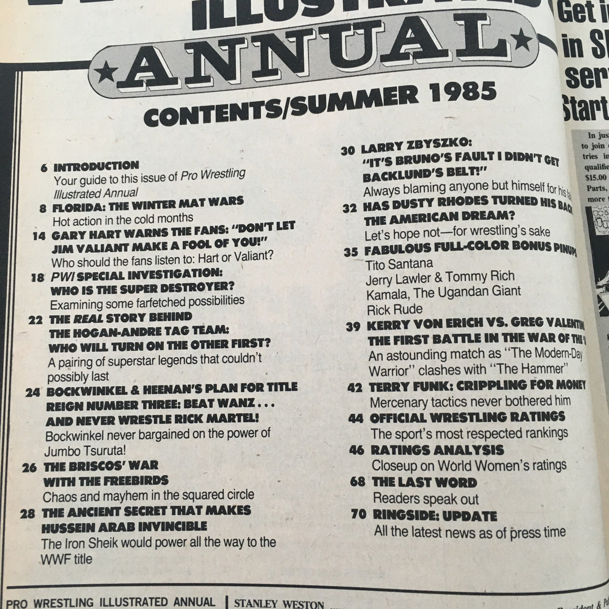 Contents page of Pro Wrestling Illustrated Magazine Summer 1985, detailing articles on wrestling legends and events, including the Hogan-Andre tag team feud.