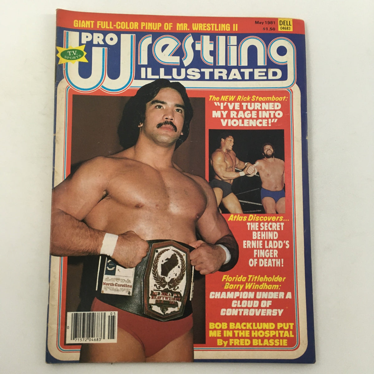 Pro Wrestling Illustrated Magazine May 1981 featuring Ricky Steamboat and Ernie Ladd on the cover, showcasing wrestling iconography and highlights of the era.