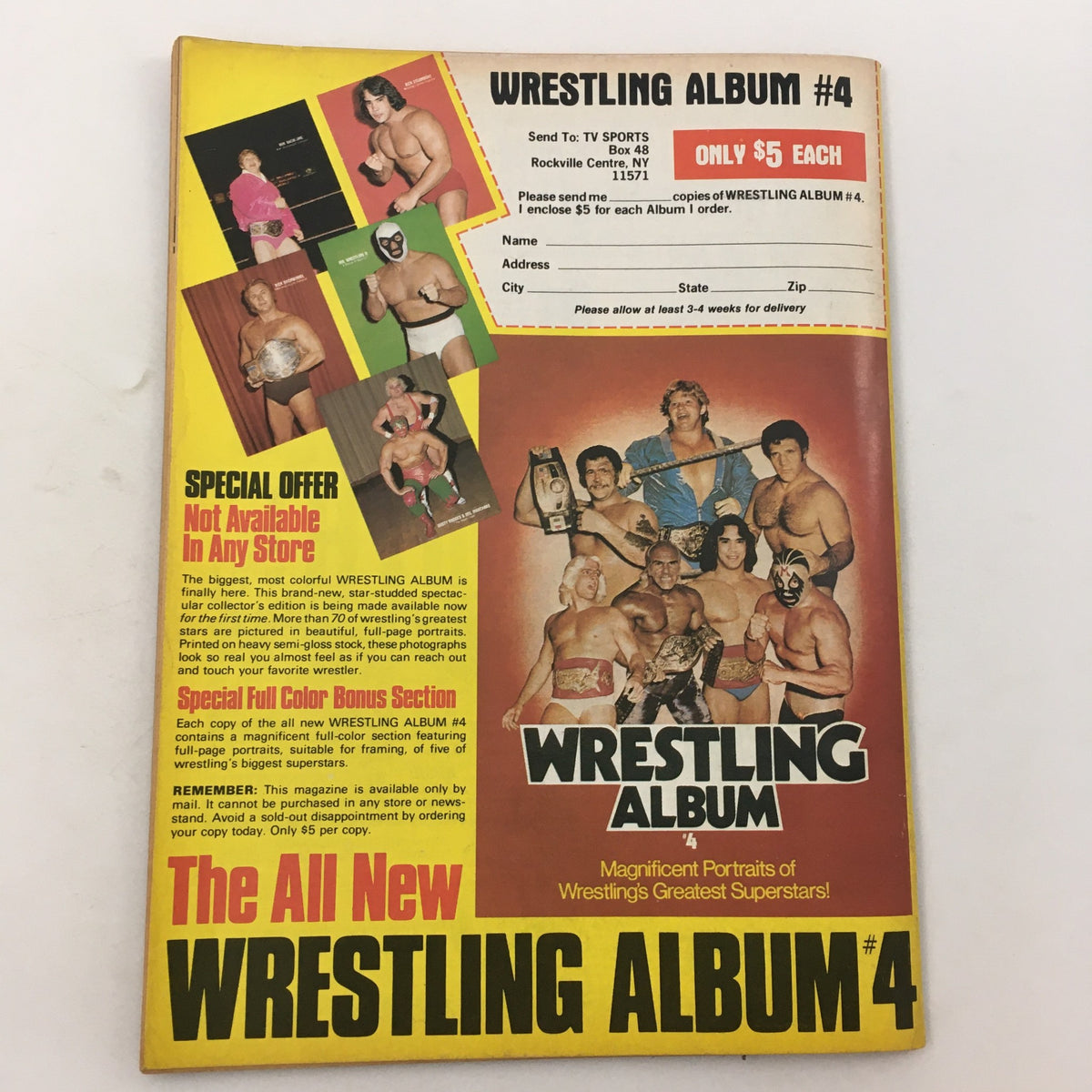 Back cover of Pro Wrestling Illustrated Magazine May 1981, promoting Wrestling Album #4 with images of famous wrestlers from the era.