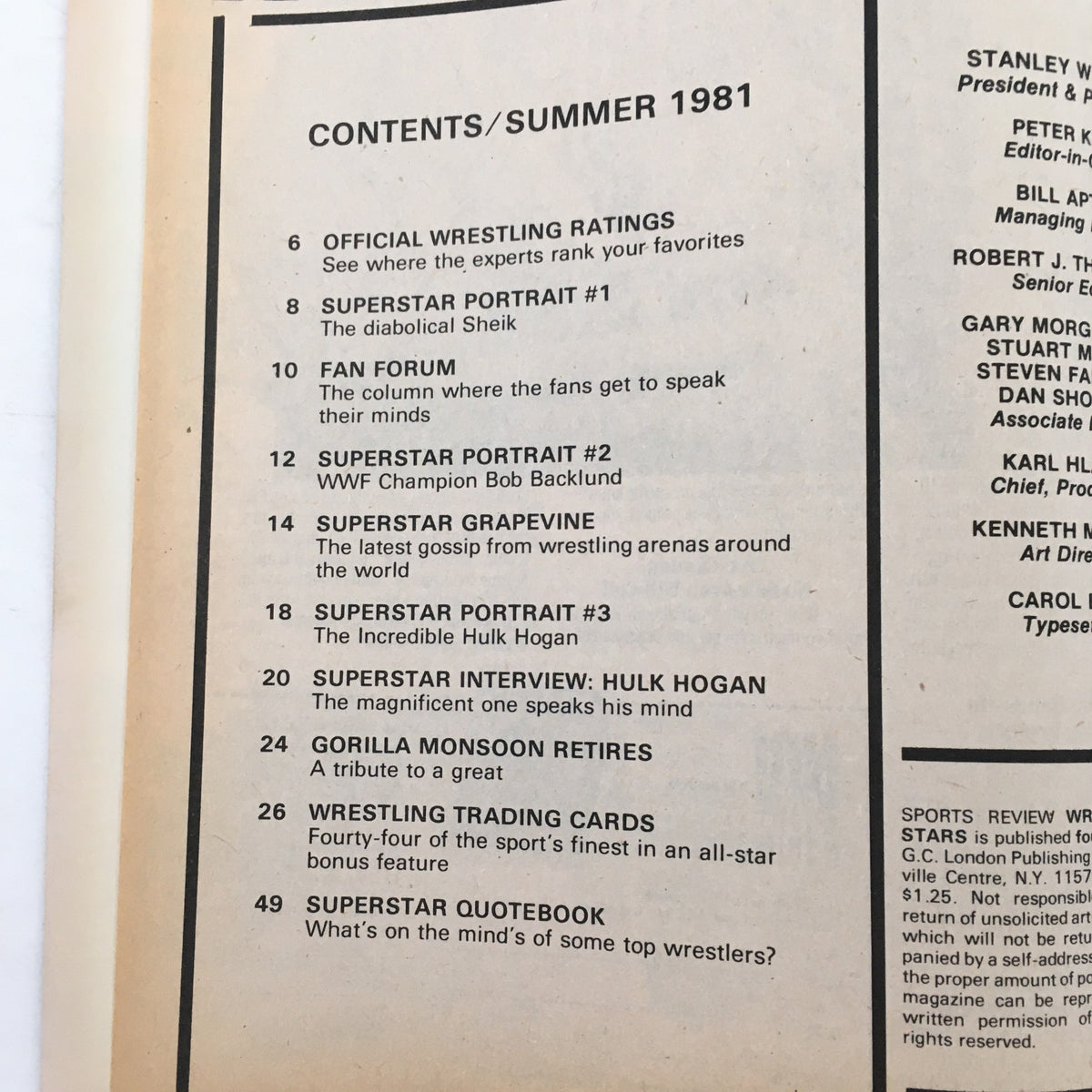 Wrestling Superstars Magazine Summer 1981 contents page featuring articles and ratings, highlighting Hulk Hogan and other wrestling legends.