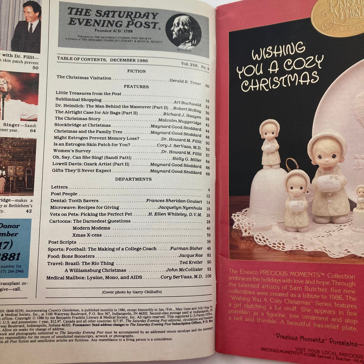 Interior page of the Saturday Evening Post Magazine December 1986, displaying the table of contents and featuring vintage decorations, enhancing the nostalgic feel of the issue.