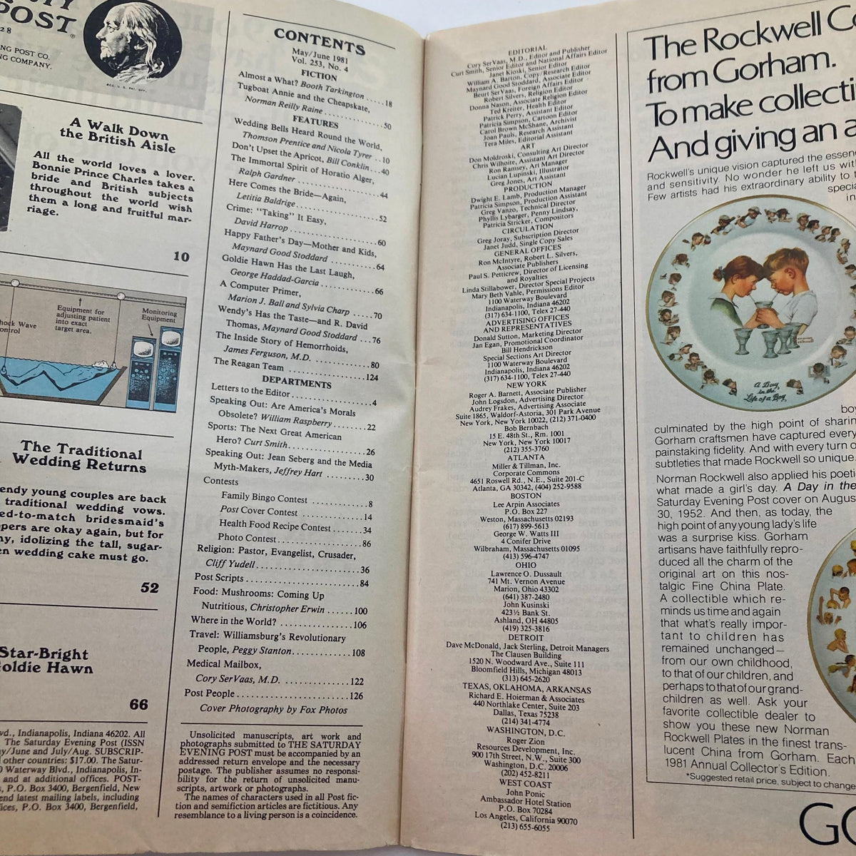 Inside spread of Saturday Evening Post Magazine May 1981 featuring contents page, with articles related to British royal family, cultural insights, and nostalgic features from the early 1980s.