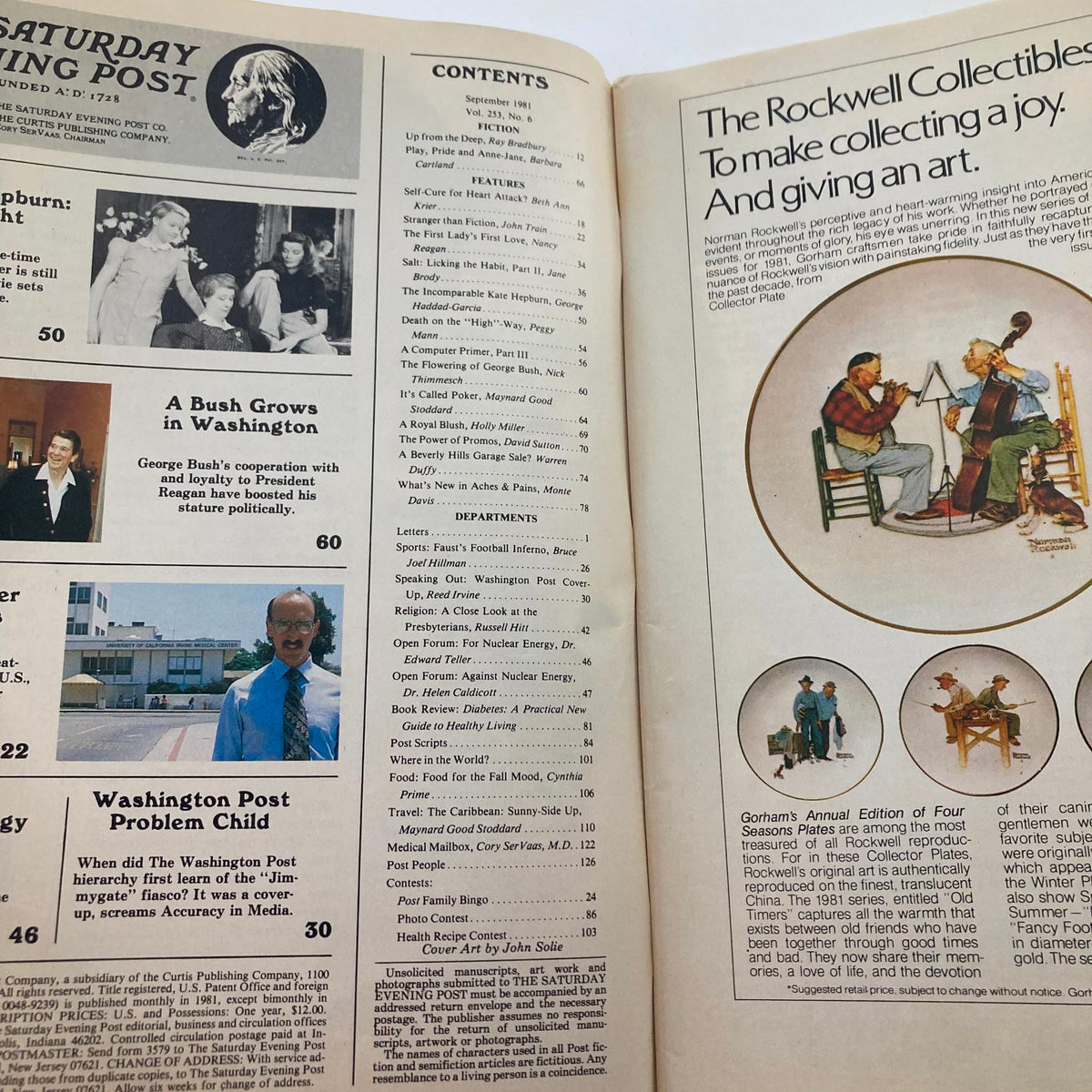 Inside page of Saturday Evening Post Magazine September 1981 showing the contents section, highlighting features and articles related to Katharine Hepburn and various topics of that time.