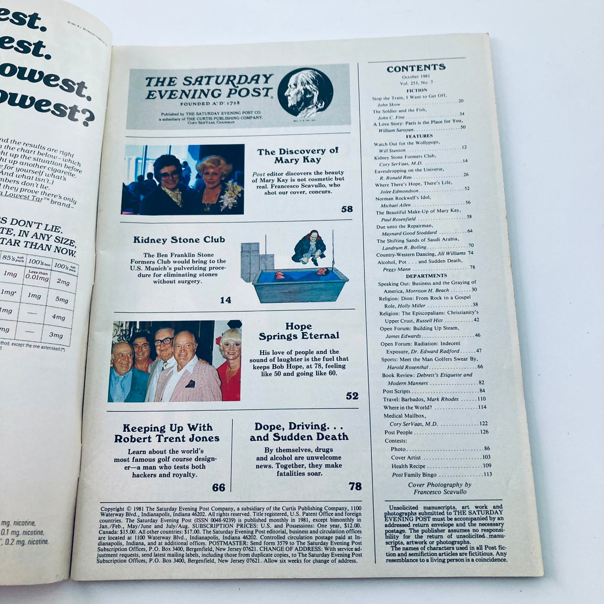 Inside content page of the Saturday Evening Post Magazine, October 1981, highlighting various articles including 'The Discovery of Mary Kay' and additional engaging topics reflective of early 1980s culture.