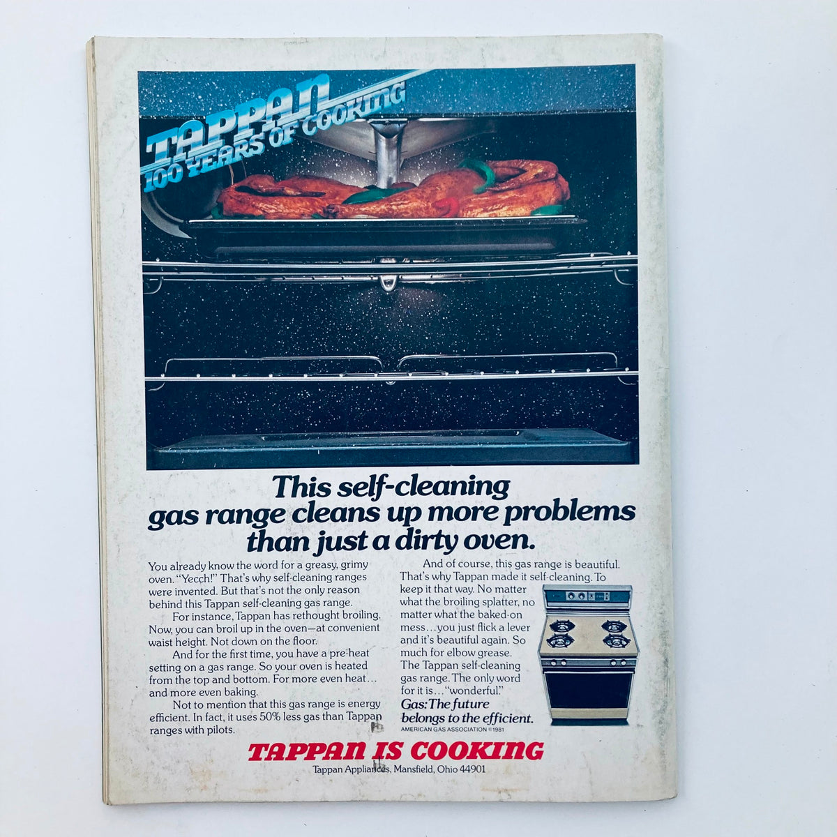 Back cover of the Saturday Evening Post Magazine, October 1981, featuring an advertisement for a Tappan self-cleaning gas range, emphasizing its innovative features for efficient cooking.