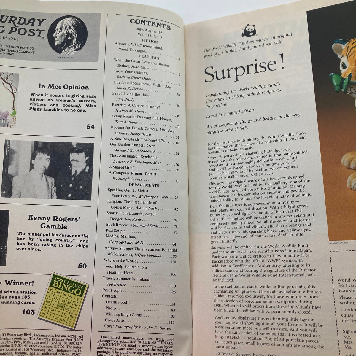 Inside page of the July 1981 Saturday Evening Post magazine displaying contents including feature articles and cultural references related to the era.