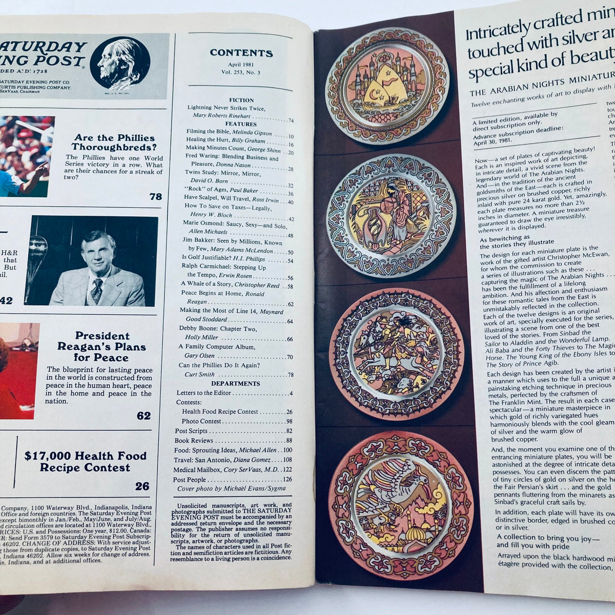 Inside of the Saturday Evening Post Magazine April 1981, displaying the table of contents highlighting featured articles and stories from the issue.