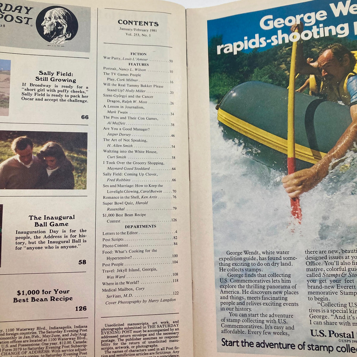 Inside contents page of the January/February 1981 Saturday Evening Post magazine, highlighting featured stories including Sally Field and various articles and columns.