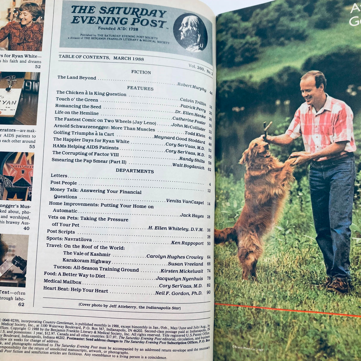 Interior page of the Saturday Evening Post Magazine March 1988 featuring the Table of Contents and highlighting articles, including a feature on Ryan White, with a cover photo by Jeff Atteberry.