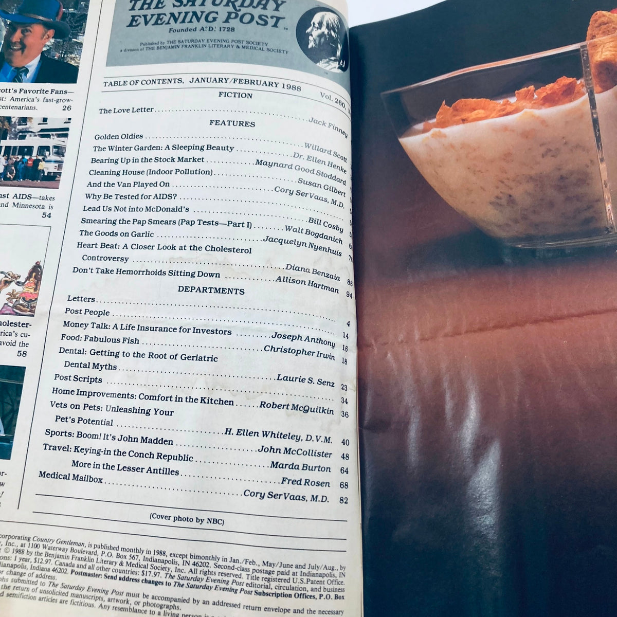 Inside pages of the Saturday Evening Post, January/February 1988, highlighting the table of contents including articles on health, lifestyle, and sports, emphasizing the specialization in features relevant to that era.