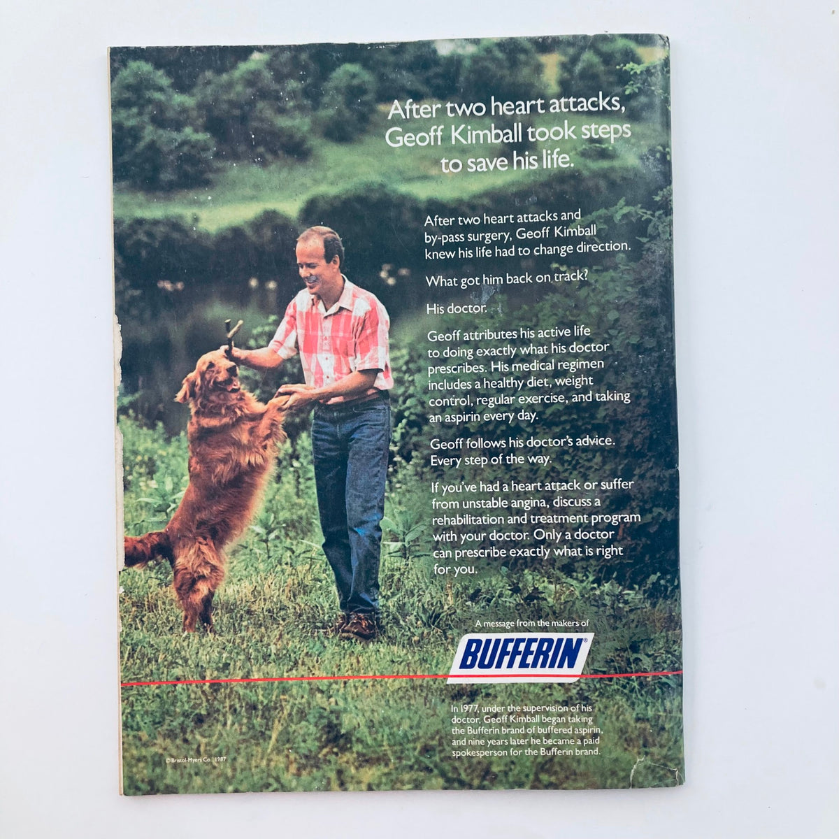 Back cover of the Saturday Evening Post, January/February 1988, featuring an advertisement for Bufferin with Geoff Kimball, showcasing his recovery journey after heart attacks with his golden retriever, focusing on health advice.