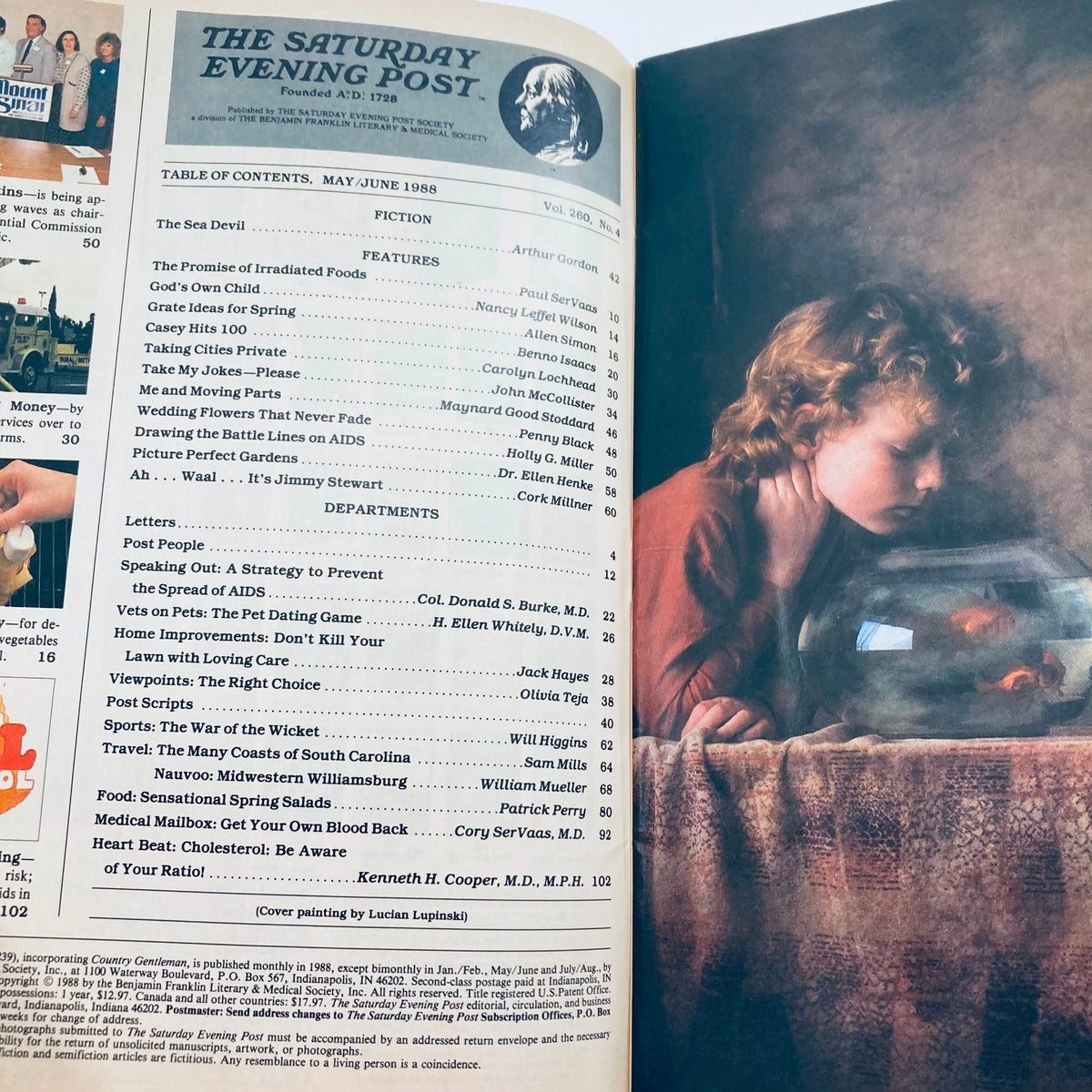 Inside page of Saturday Evening Post Magazine May 1988, showcasing the table of contents and an illustration by Lucian Lupinski, reflecting on various articles including those about AIDS.