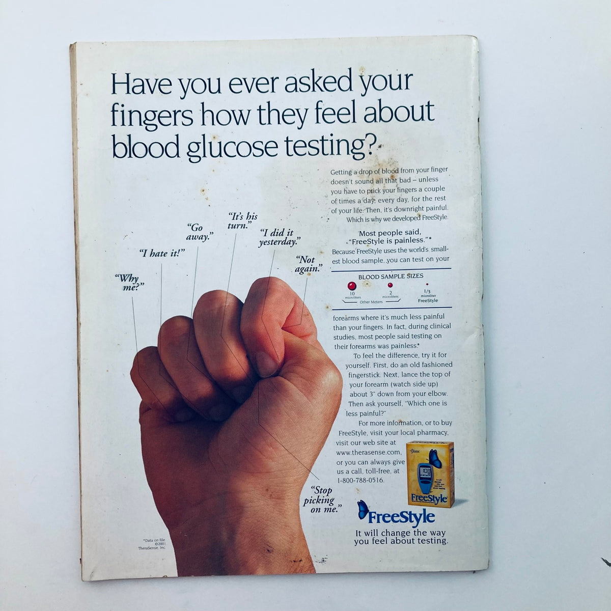 Back cover of Saturday Evening Post Magazine, September 2001, displaying an advertisement with a hand clenching in a fist, addressing blood glucose testing and promoting Freestyle.