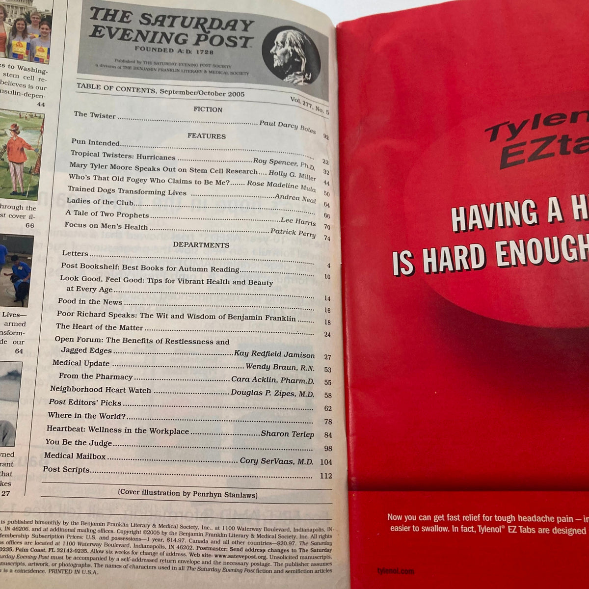 Inside spread of the Saturday Evening Post Magazine September 2005, featuring the table of contents and various articles, with cover illustration by Penrhyn Stanlaws.