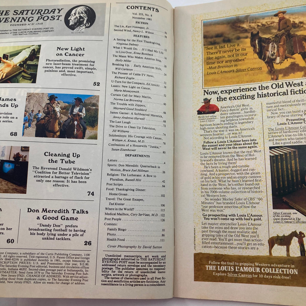 Contents page from the Saturday Evening Post Magazine November 1981, highlighting featured articles and illustrations related to the cultural themes of the early 1980s.