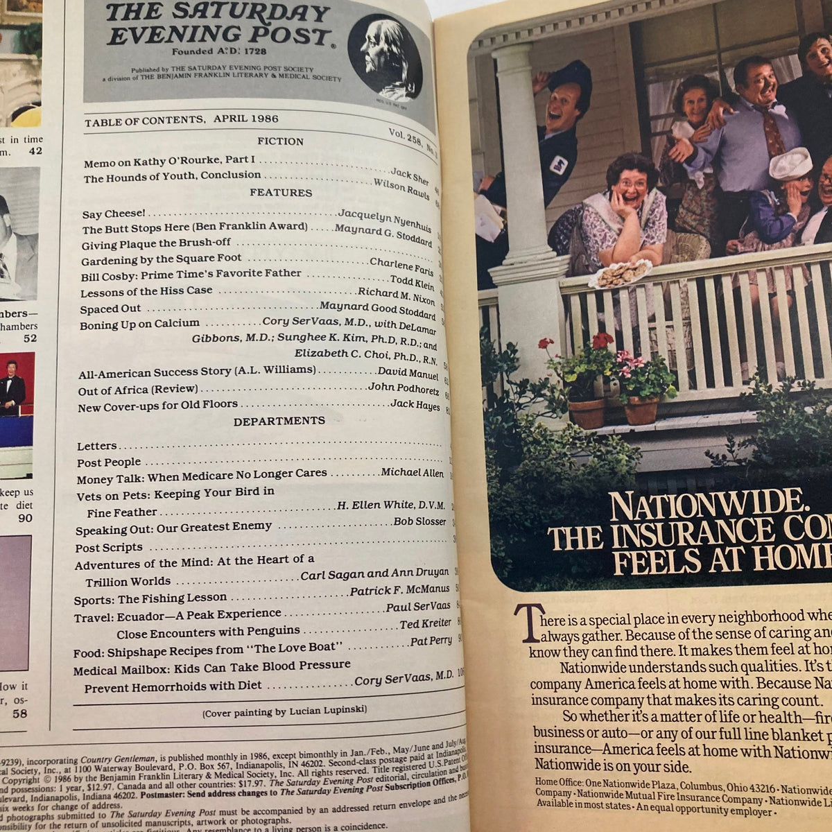 Inside page of the Saturday Evening Post Magazine April 1986 showing the table of contents, highlighting articles including features on Bill Cosby and other cultural topics.