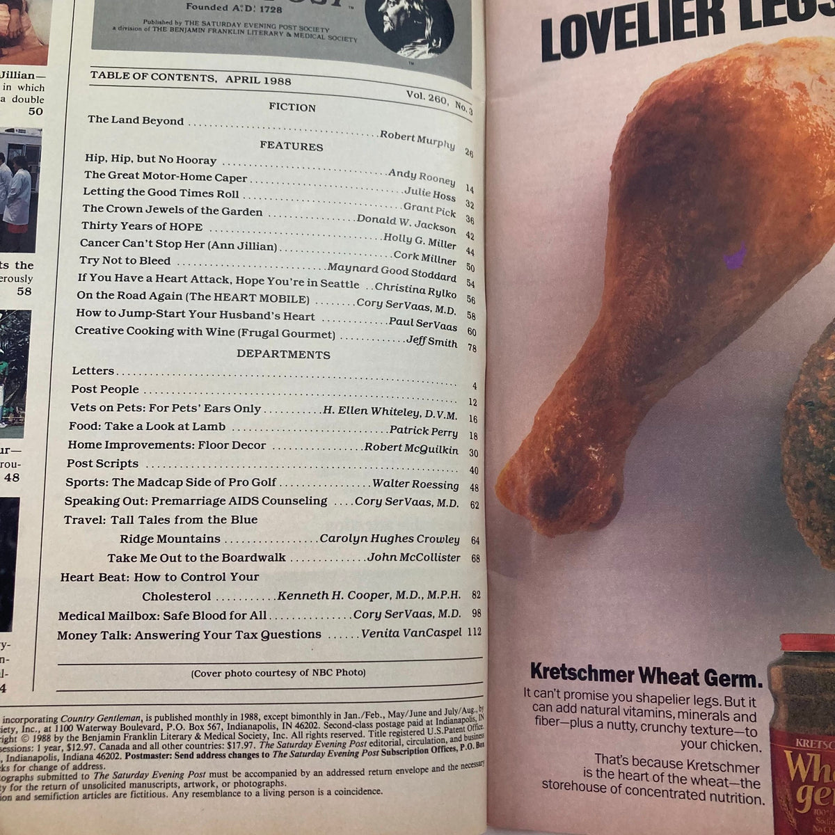 Table of contents from Saturday Evening Post Magazine April 1988, showcasing featured articles including Ann Jillian's story and various lifestyle topics, reflecting the magazine's diverse content.