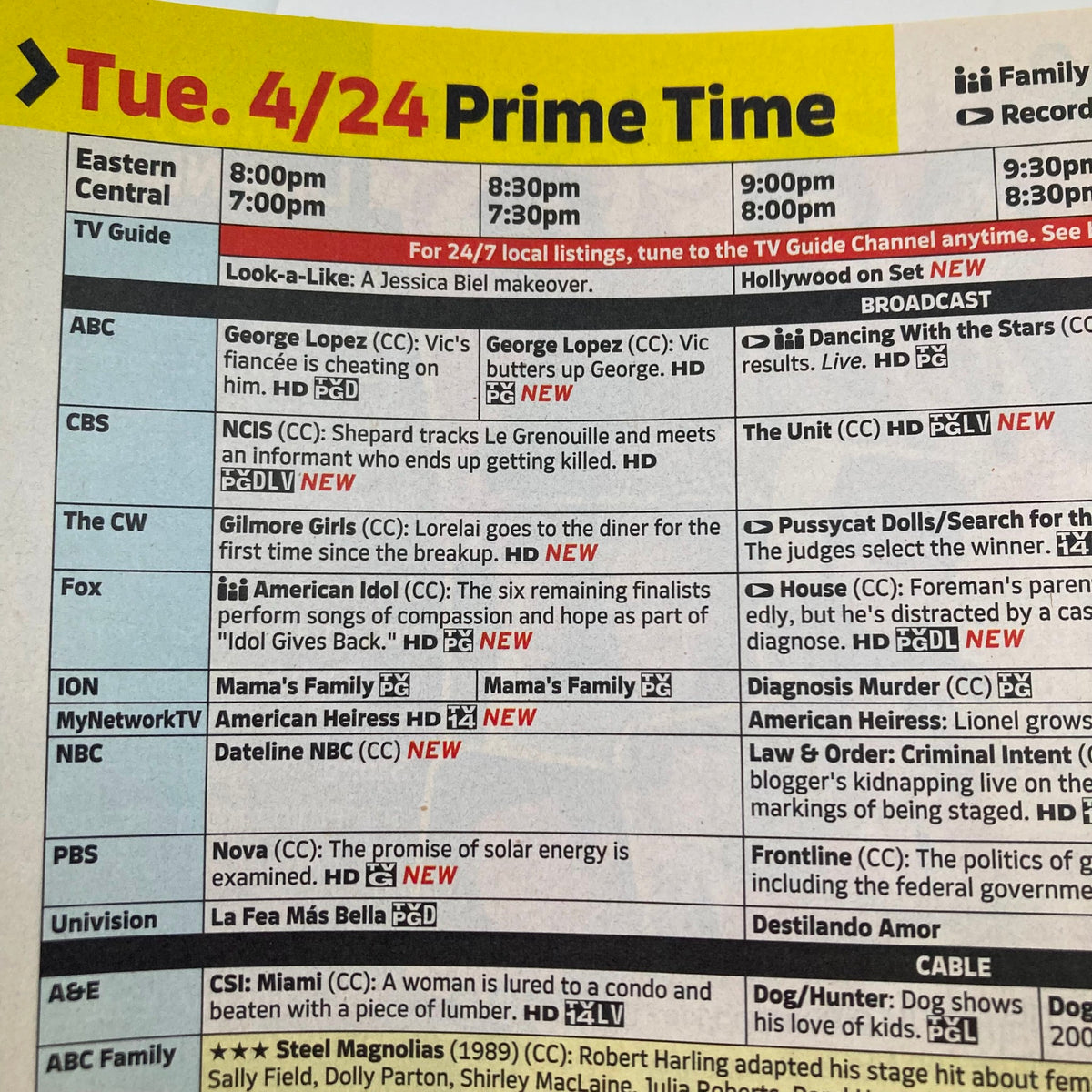 Inside page of TV Guide Magazine April 23, 2007 showcasing the programming schedule for Eastern Central time zone with featured shows including Gilmore Girls and American Idol.