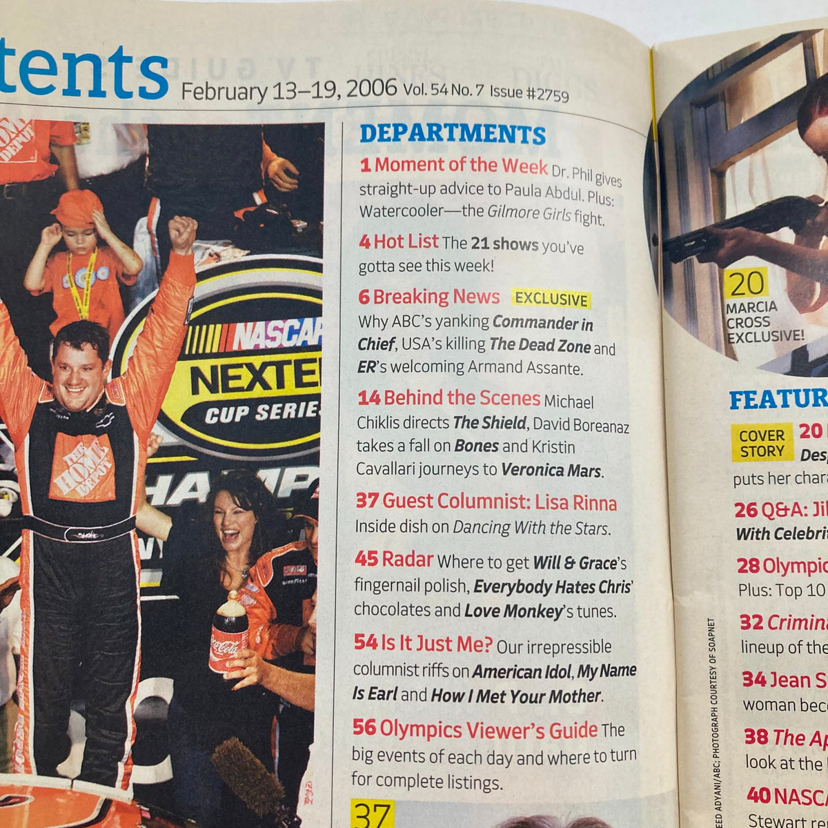 Contents page of TV Guide Magazine February 13, 2006, showcasing the lineup of articles, television listings, and notable features including Marcia Cross.