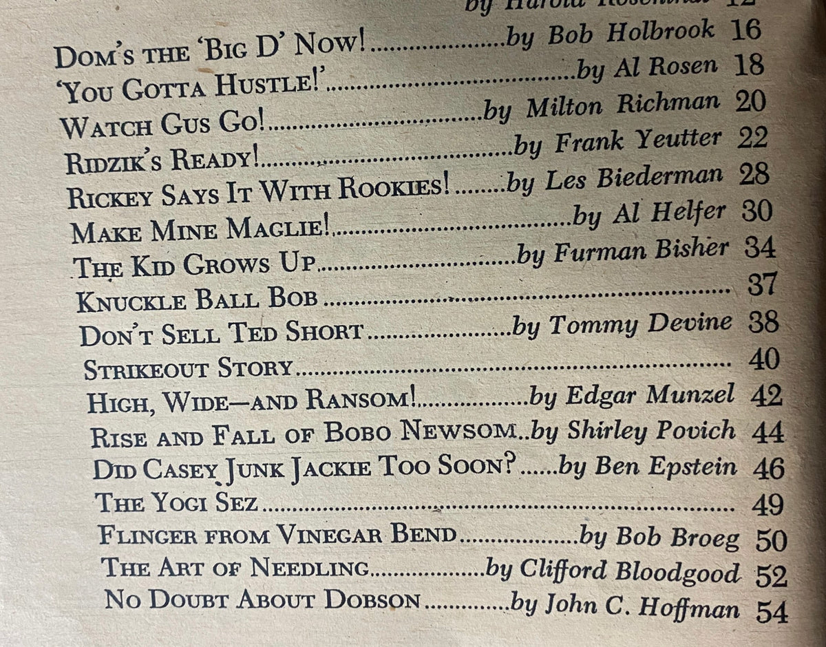 Table of contents from Complete Baseball Magazine September 1952, featuring articles on legendary players like Gil Hodges and Ralph Kiner. The magazine offers a glimpse into baseball's rich history with highlights from various articles.