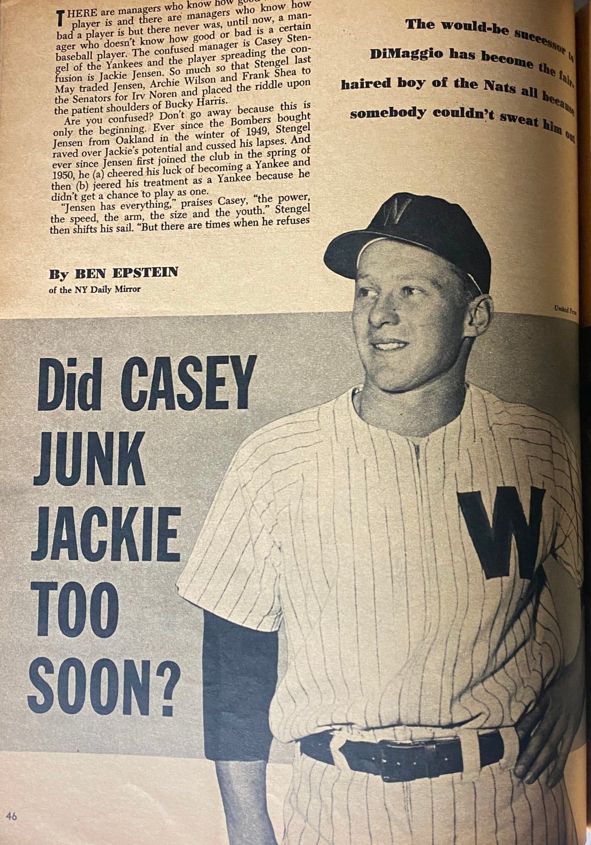 Article page from Complete Baseball Magazine September 1952 titled 'Did Casey Junk Jackie Too Soon?' by Ben Epstein, includes a photo of a baseball player and discusses managerial decisions in baseball.