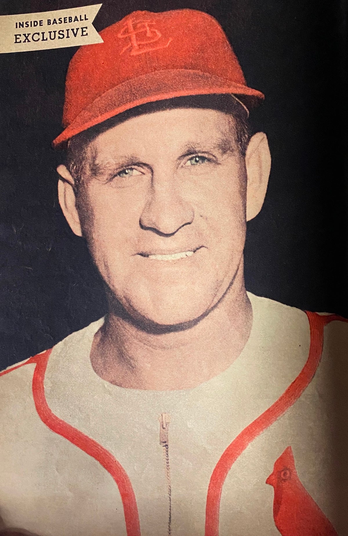 Inside Baseball Magazine March 1953 featuring a smiling baseball player in a red cap and jersey with St. Louis Cardinals emblem, representing iconic baseball history.
