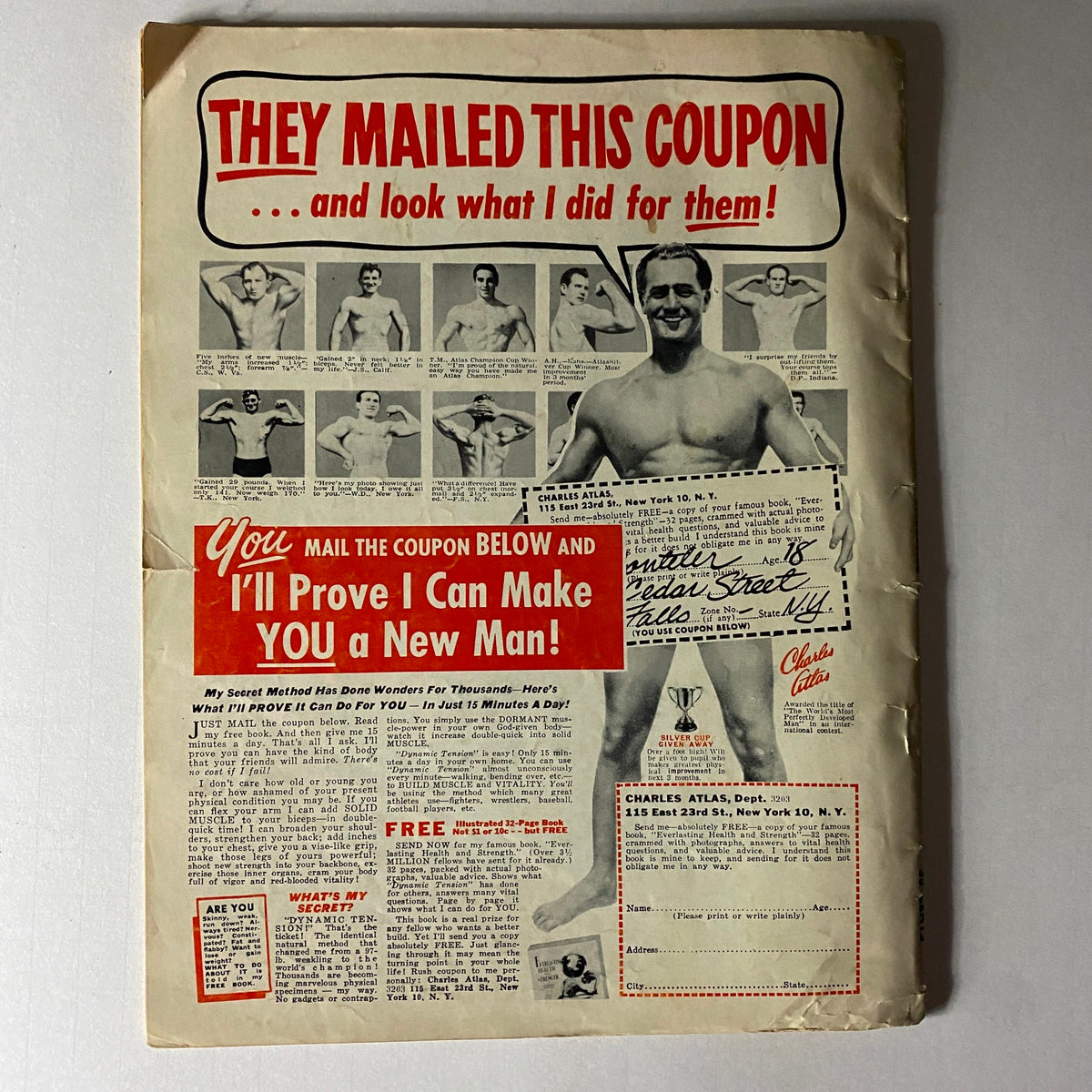 Inside Baseball Magazine March 1953 showcasing a vintage advertisement for Charles Atlas fitness program, highlighting transformation success stories with muscular individuals.