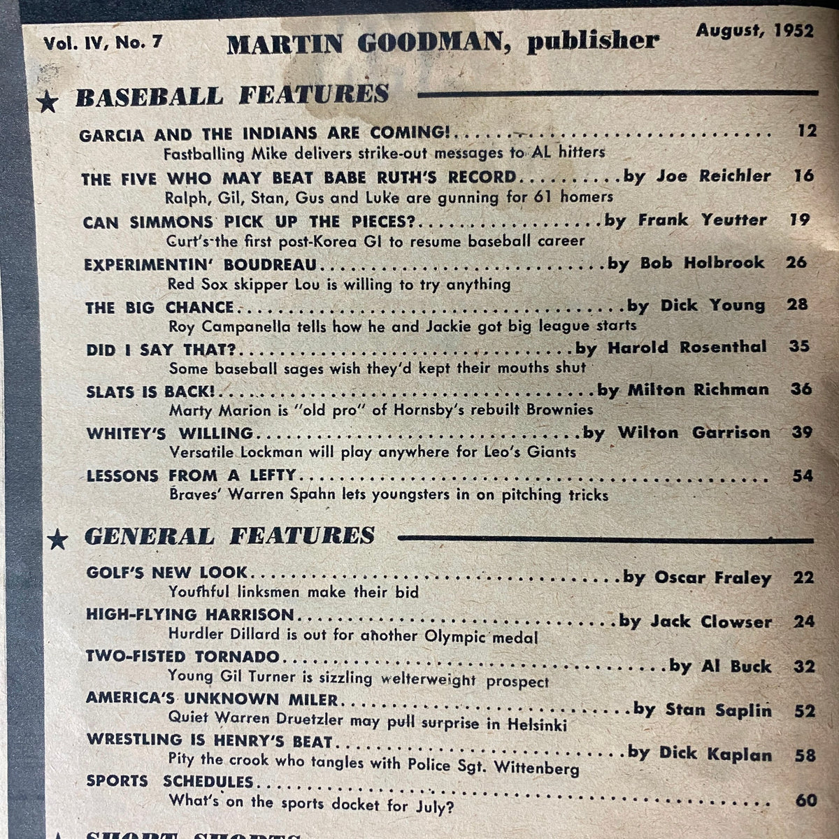 Table of contents page from 'Sports Stars Magazine' August 1952, outlining features and articles on baseball and sports culture, including the piece 'Garcia and the Indians Are Coming!'