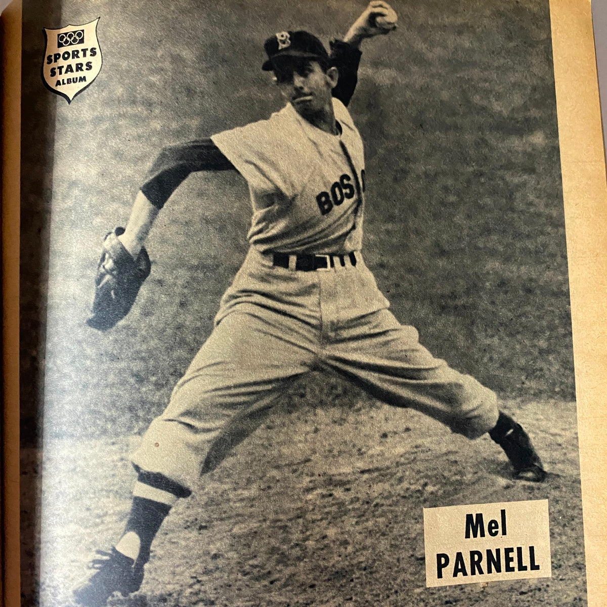 Sports Stars Magazine August 1952 featuring Mel Parnell, a baseball pitcher, captured mid-pitch in action wearing a Boston team uniform.