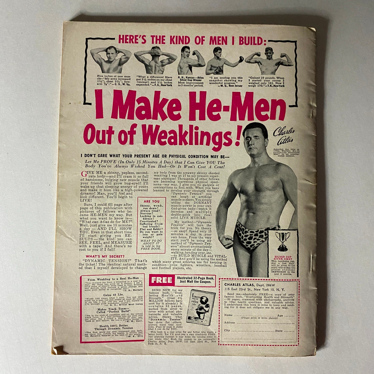 Sports Stars Magazine August 1952 advertisement highlighting fitness with the title 'I Make He-Men Out of Weaklings!' promoting a bodybuilding program.