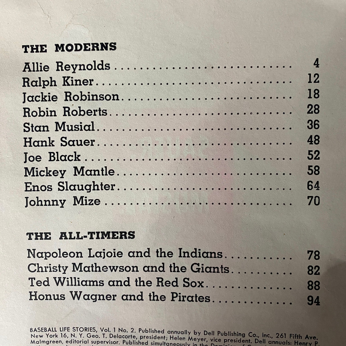 Baseball Life Stories Magazine 1953 Vol 1 No. 2 - Table of contents listing key players like Allie Reynolds and Jackie Robinson.