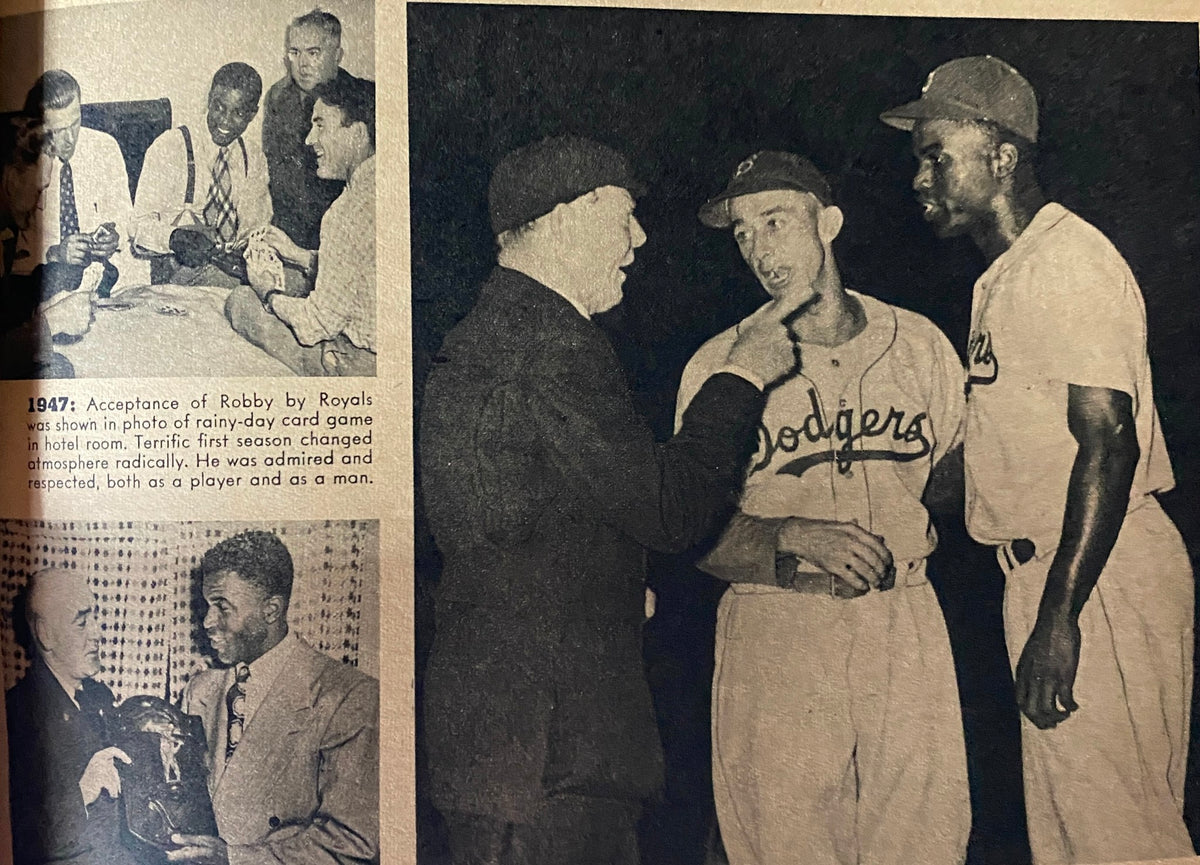 Baseball Life Stories Magazine 1953 Vol 1 No. 2 - Historical photograph depicting interactions among baseball players, highlighting Jackie Robinson.