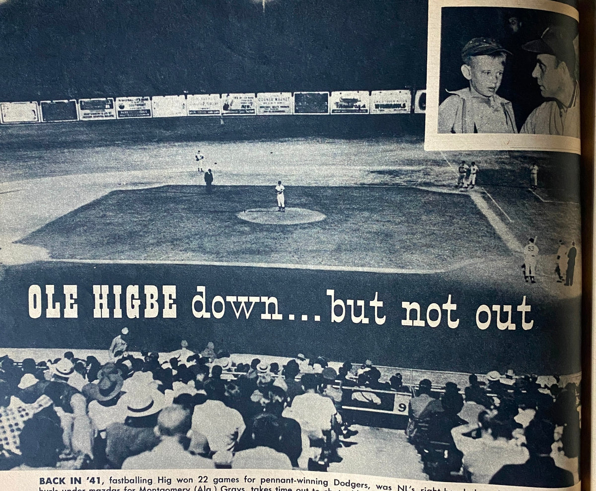 Article page from Sport Life Magazine October 1952 about Ole Higbe in a baseball game, showcasing a historical sports moment with audience in view.