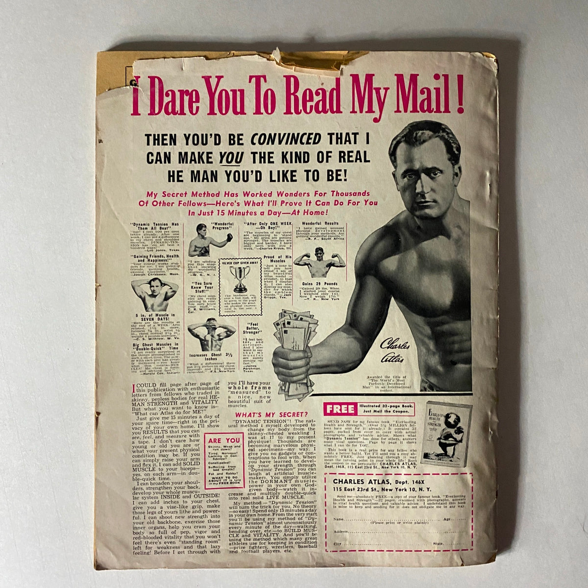 Back cover of Sport Life Magazine October 1952, featuring an advertisement for Charles Atlas fitness program, highlighting vintage marketing style.