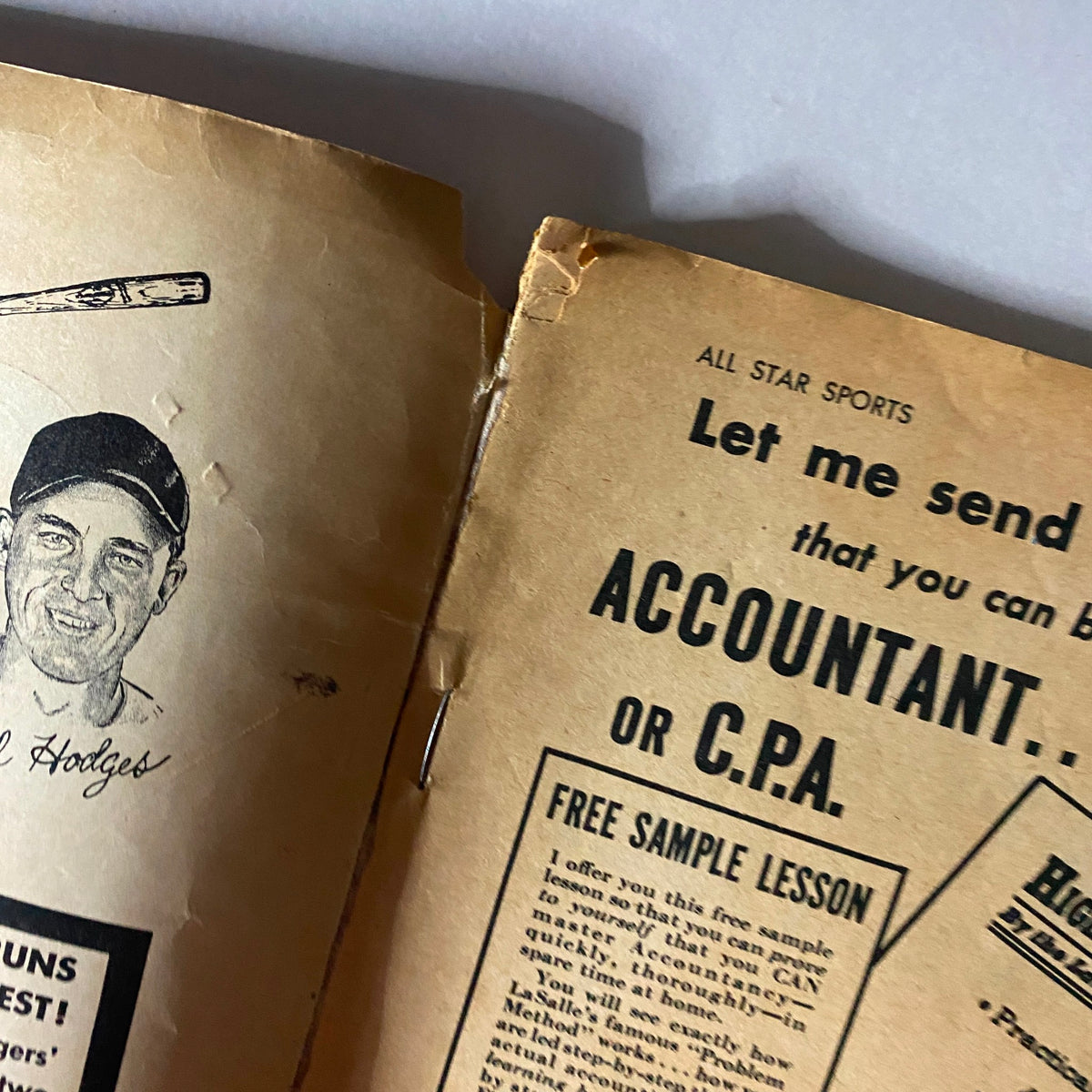 Inside page of Sports Baseball Issue Magazine Spring 1951 showing an illustration of baseball player Gil Hodges.