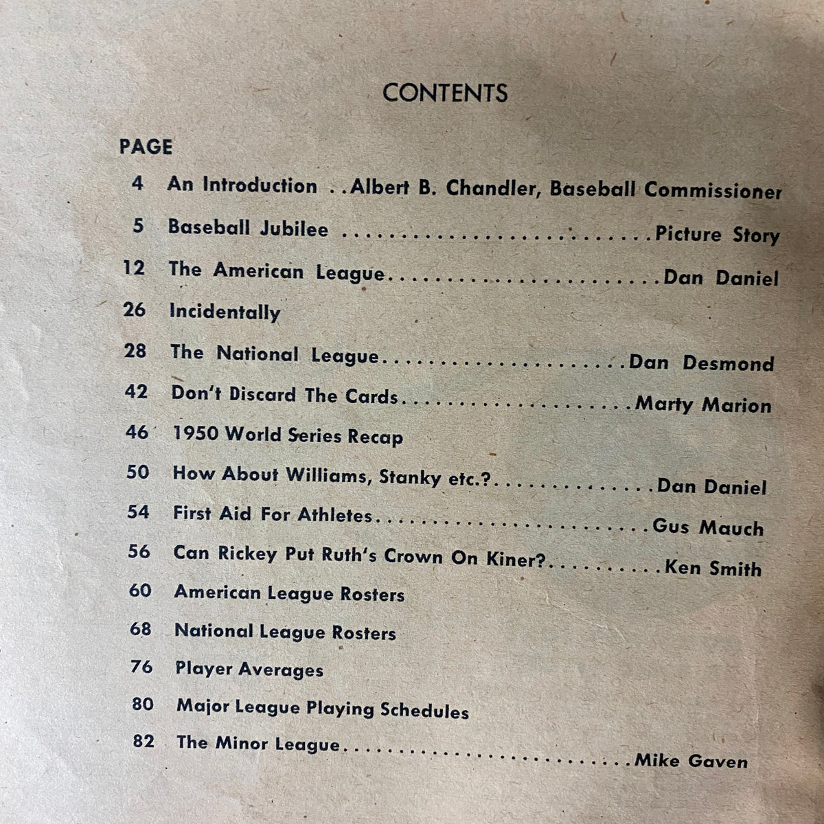Table of contents from Sports Baseball Issue Magazine Spring 1951 outlining various articles and features related to baseball.