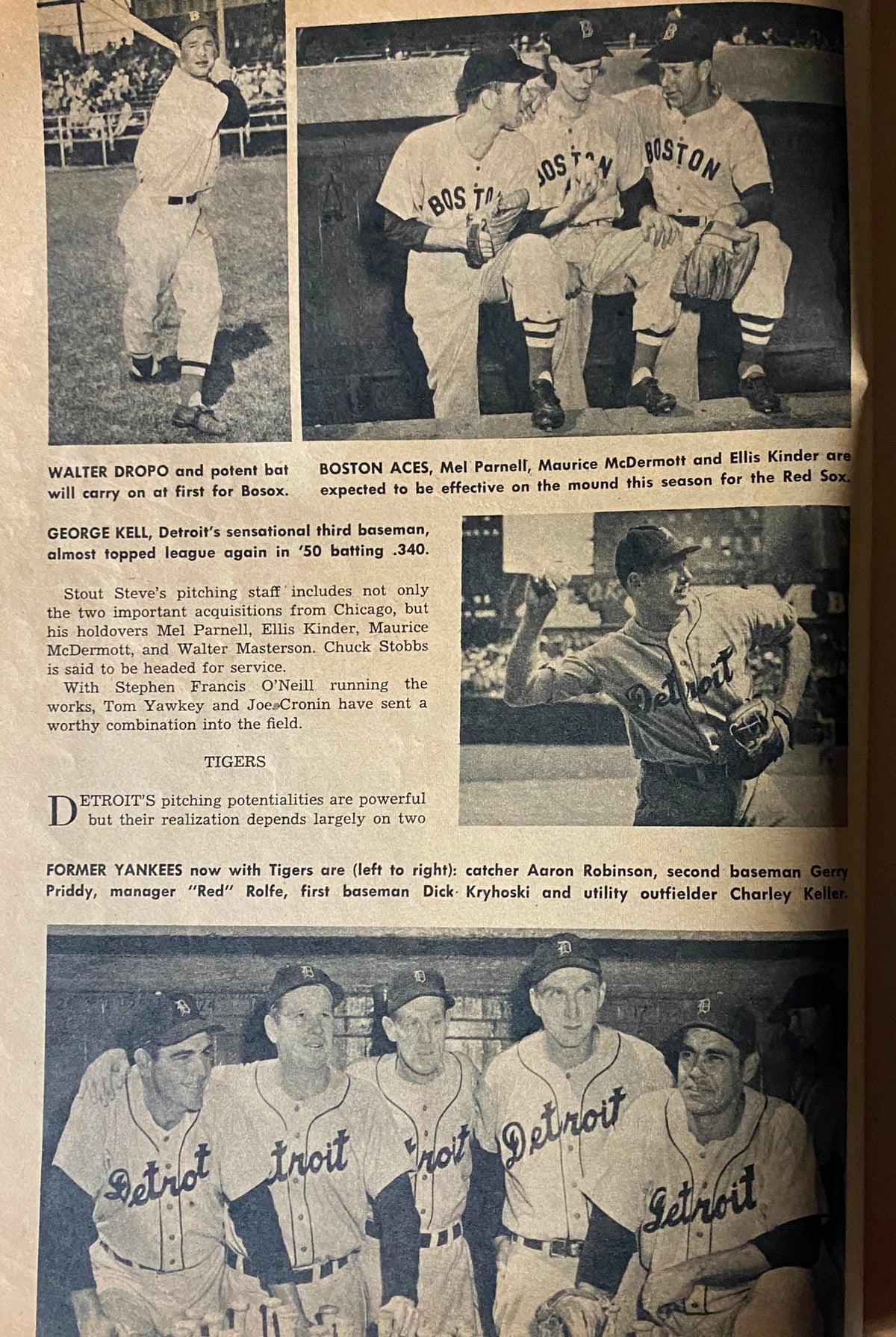 Photo of baseball players in Detroit uniforms from Sports Baseball Issue Magazine Spring 1951, highlighting team members and their roles.