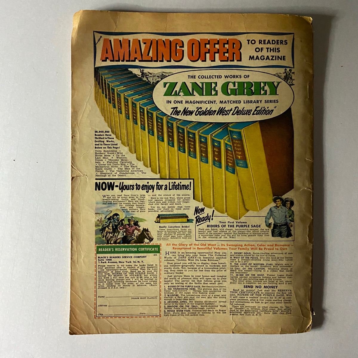 Back cover of Sports Baseball Issue Magazine Spring 1951 featuring an advertisement for Zane Grey's collected works library series. The design includes colorful book spines arranged in a row, enticing readers with the offer and showcasing vintage advertisement style.