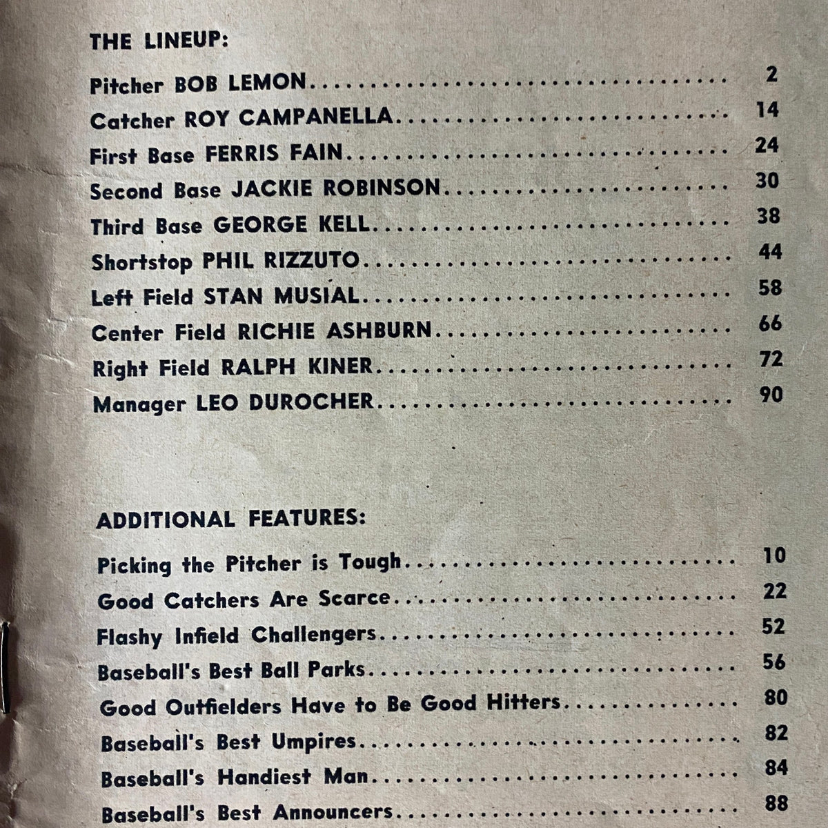 Table of contents from 'Baseball's Best' 1952 Edition, detailing lineup positions and additional features of the magazine.