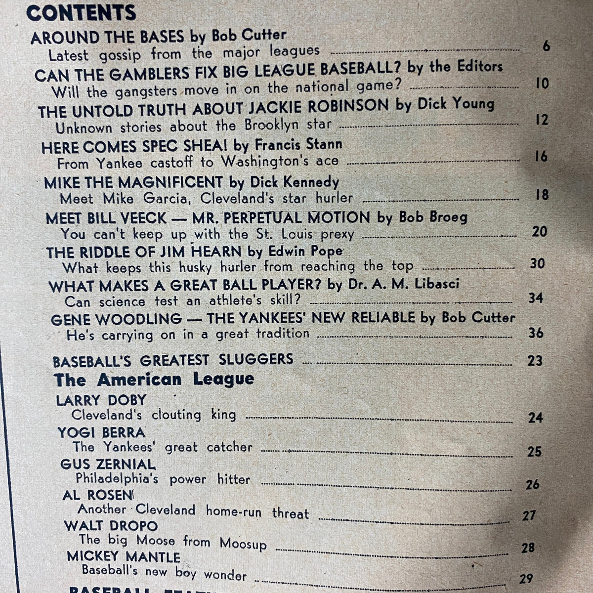 Contents page of Inside Baseball Magazine October 1953 featuring articles about major league baseball, including topics such as gossip around the league, gambling controversies, and profiles on players like Al Rosen and Mickey Mantle.