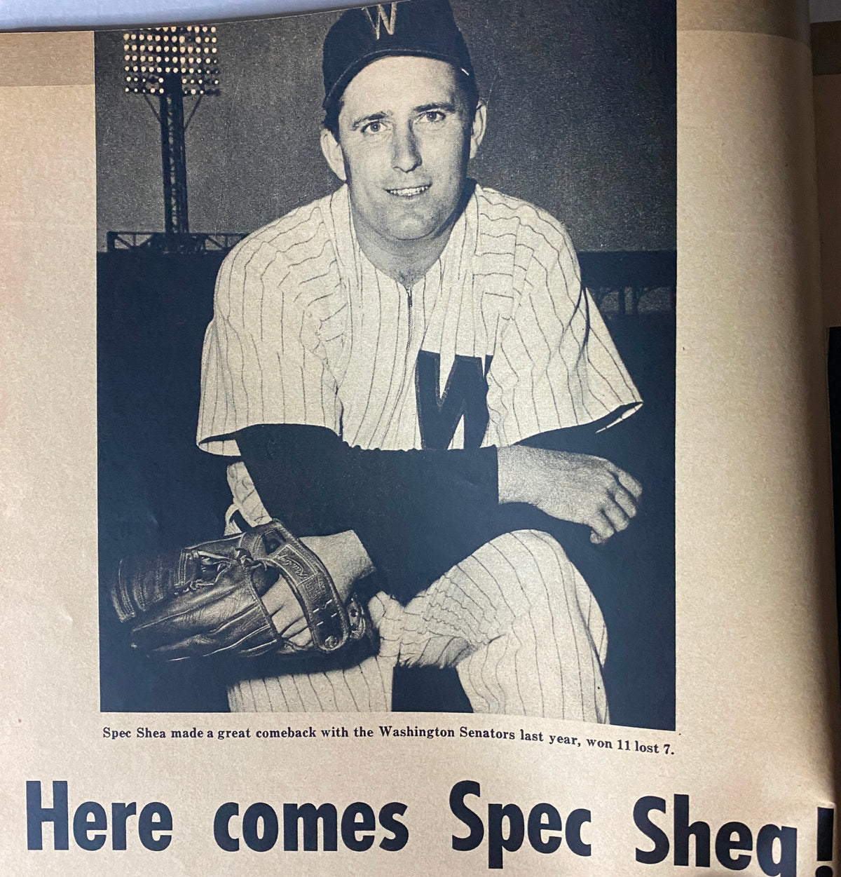 Black and white image of pitcher Spec Shea from Inside Baseball Magazine October 1953, showcasing his return to the Washington Senators, with an accompanying article about his performance.