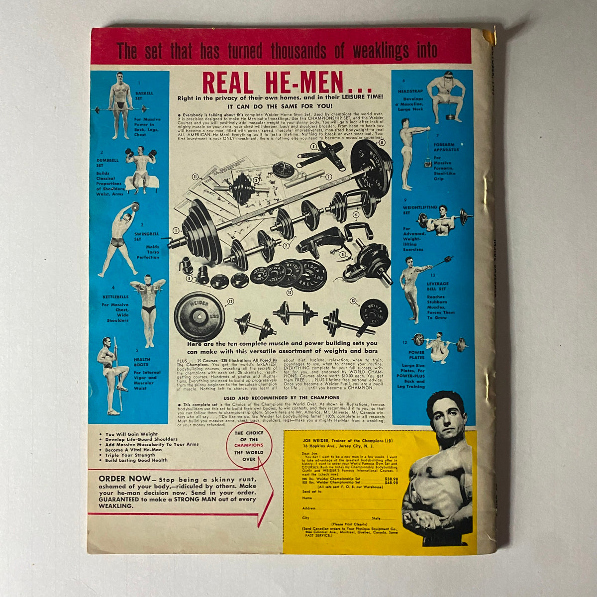 Back cover of Inside Baseball Magazine October 1953 advertising a set of home workout equipment aimed at muscle building, featuring illustrations and a promotion for Joe Weider's training.