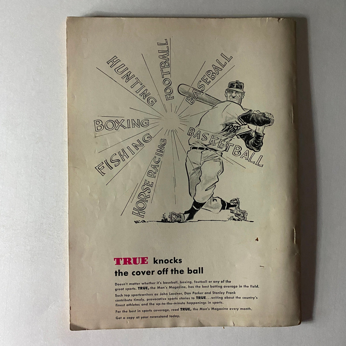 Back cover of the 1954 Edition Baseball Yearbook showcasing promotional content for sports magazines including boxing, football, baseball, and basketball.