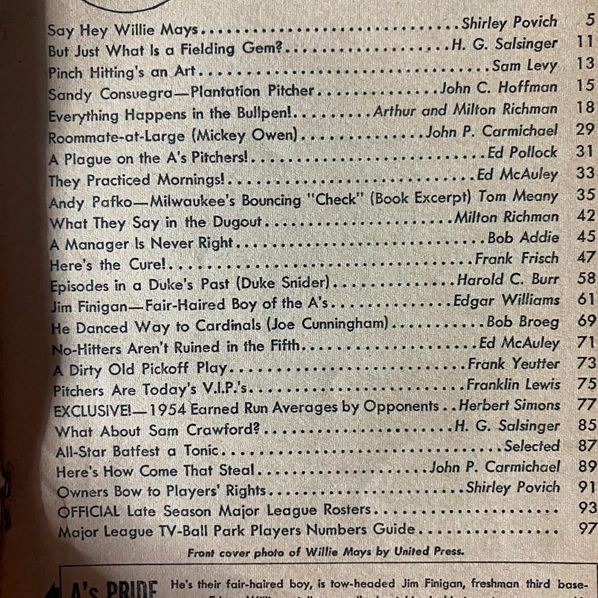 Table of contents from Baseball Digest Magazine September 1954, outlining featured articles about baseball, including player profiles and expert analyses.
