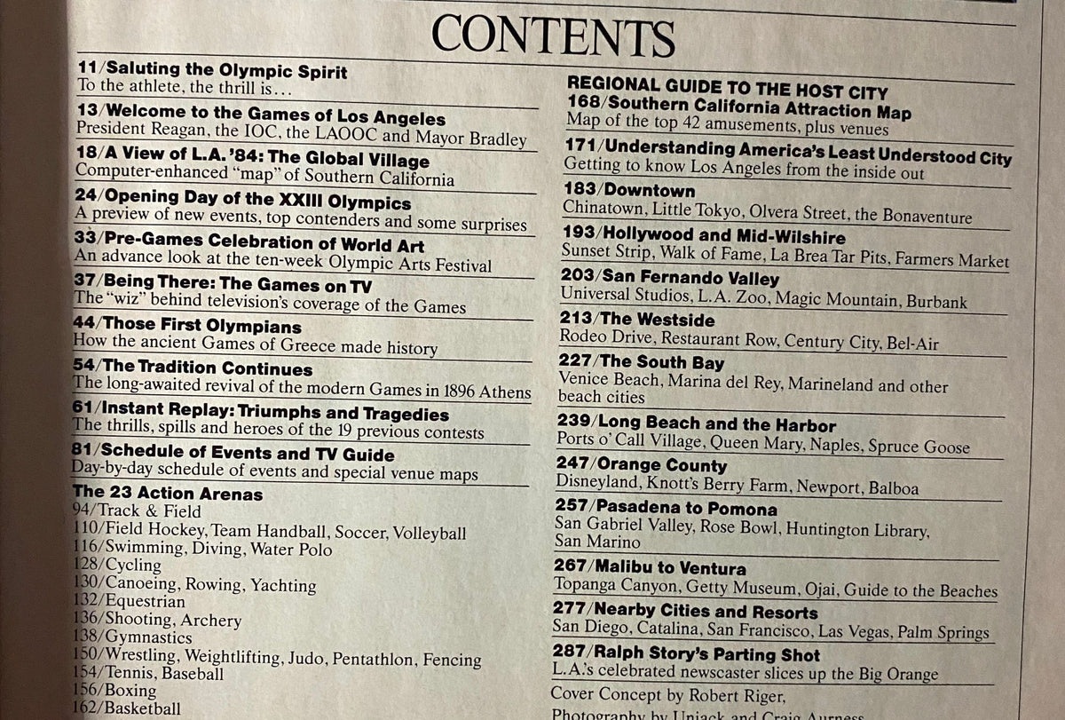 Inside the 1984 Official Olympic Guide To Los Angeles Collector's Edition showing the table of contents with key sections and topics covered about the Olympics.