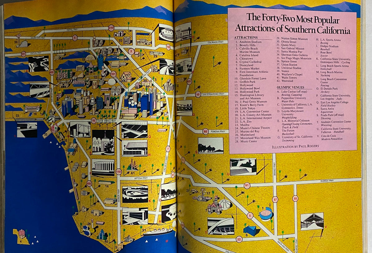 Illustrated map of Southern California and major attractions from the 1984 Official Olympic Guide To Los Angeles Collector's Edition, highlighting Olympic venues and local points of interest.